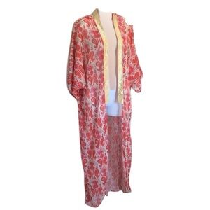 SUKI SO long duster caftan kimono boho, orange/tan, elaborate gold trim. OSFM